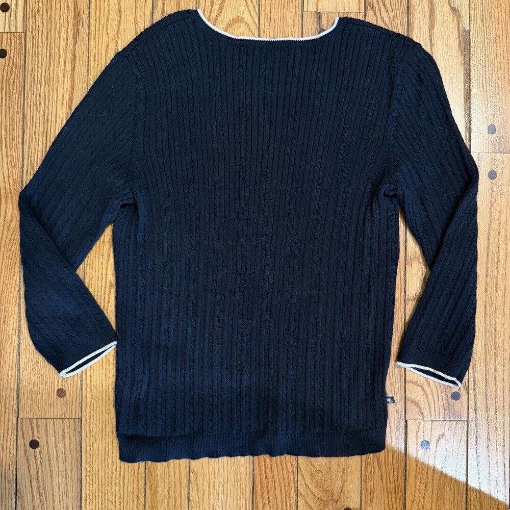 Lauren Ralph Lauren Black Cable Knit V Neck Sweater S Cotton Classic - Picture 2 of 10